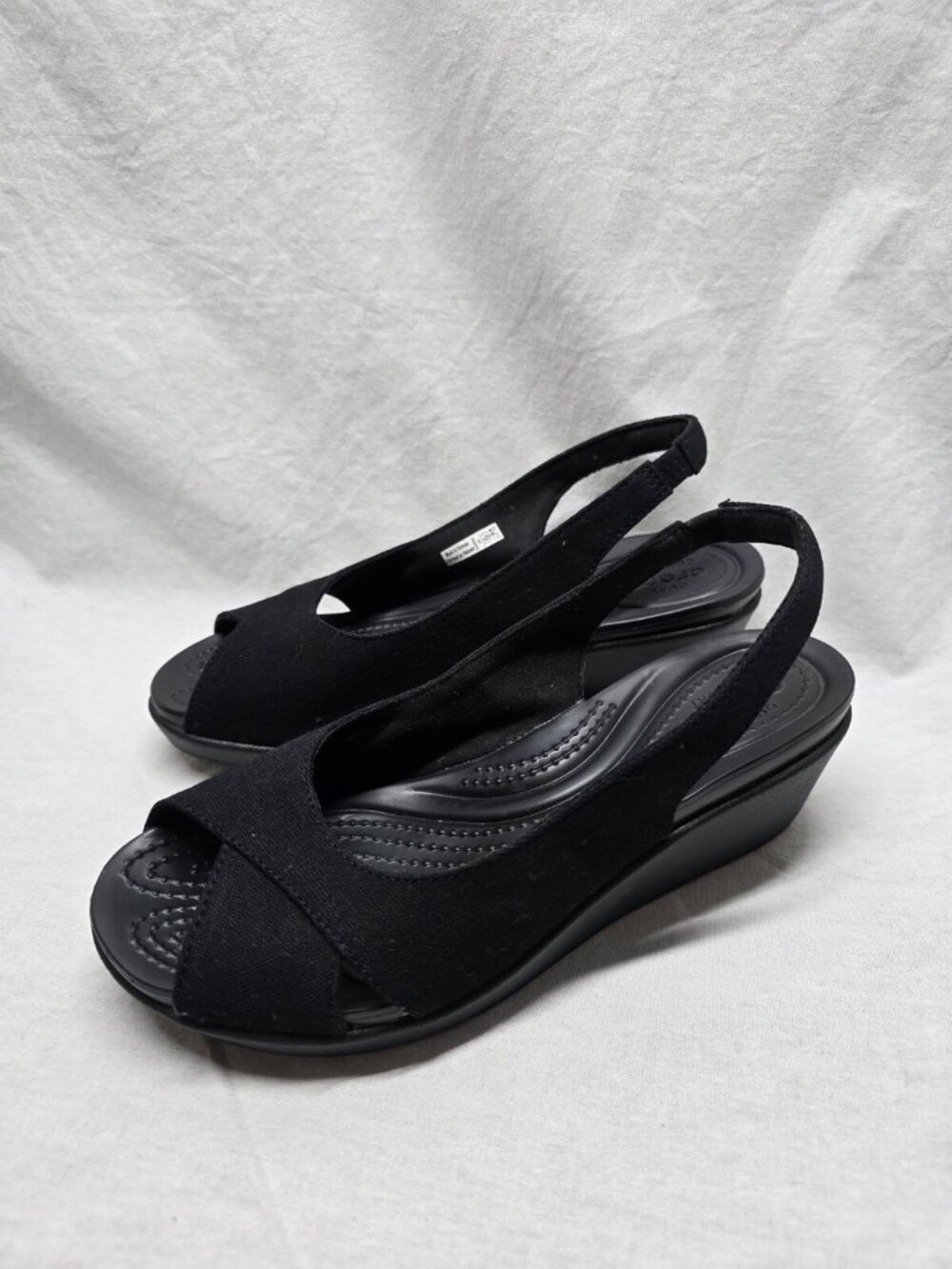 Crocs Leigh Ann Canvas Sandals Women's 6 Black Slingback Peep Toe Wedge 204948